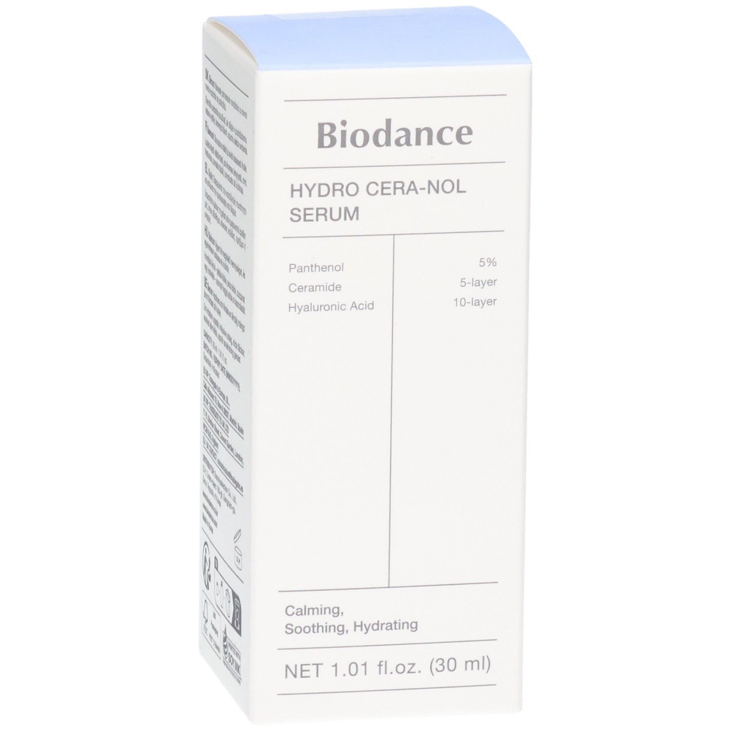 Biodance Hydro Cera-nol Serum Verpackung mit Hervorhebung von Panthenol, Ceramid und Hyaluronsäure.
