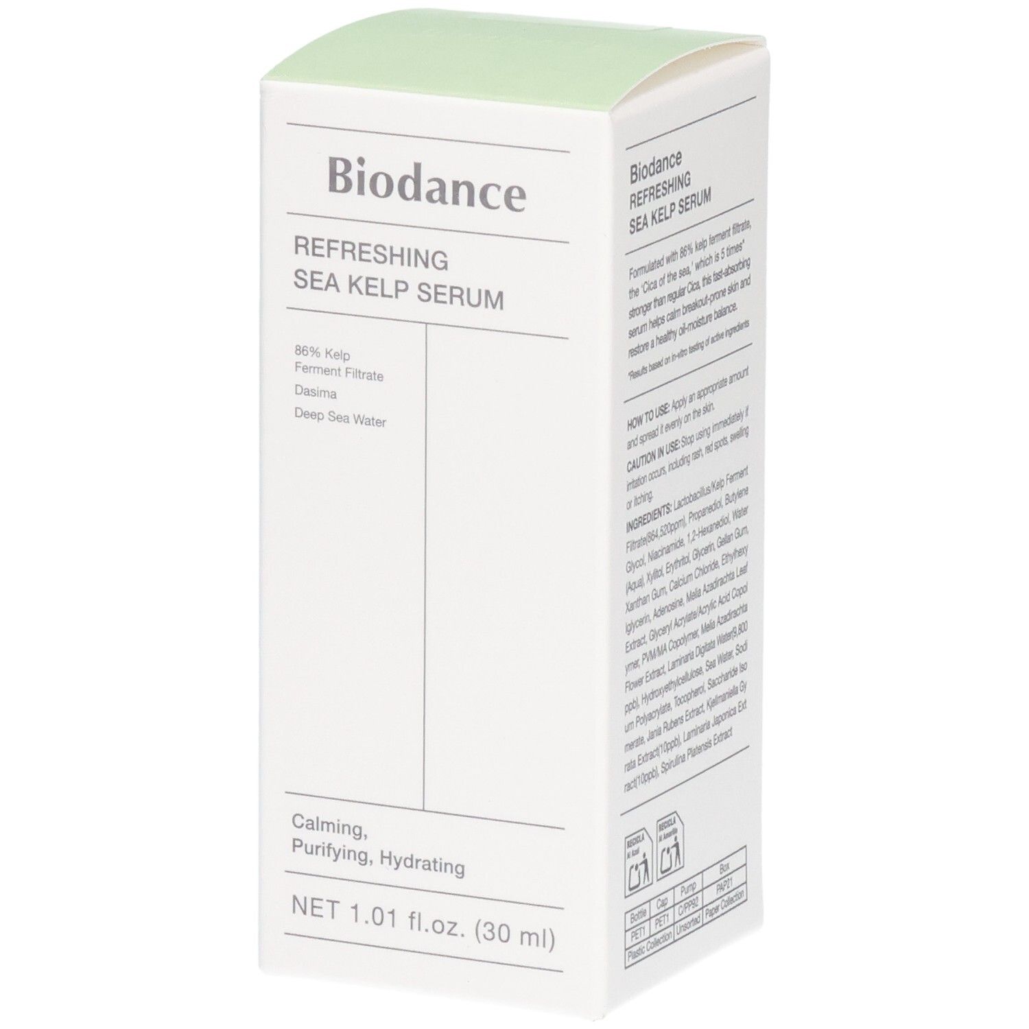 Biodance Refreshing Sea Kelp Serum Verpackung. Enthält 86% Kelp Ferment Filtrat. Netto 1.01 fl.oz. (30 ml).