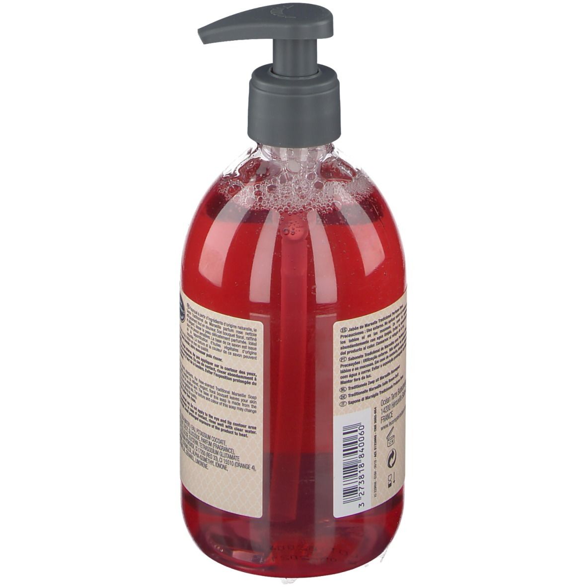 Rückansicht der roten Flüssigseife in einer durchsichtigen Flasche mit Pumpe. Text auf Etikett.
