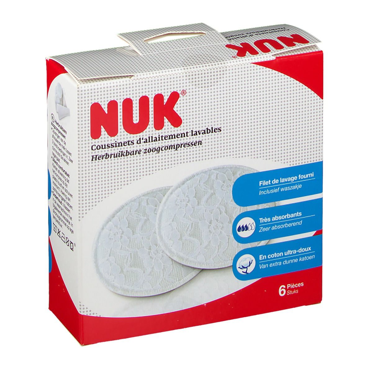 Boîte de coussinets d'allaitement lavables NUK. Deux coussinets blancs visibles. 6 pièces.