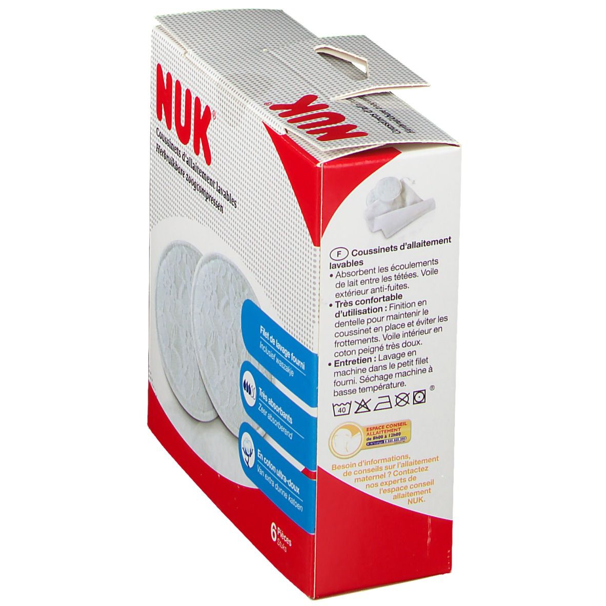 Boîte NUK vue de côté. Texte: Coussinets d'allaitement lavables. Instructions de lavage.