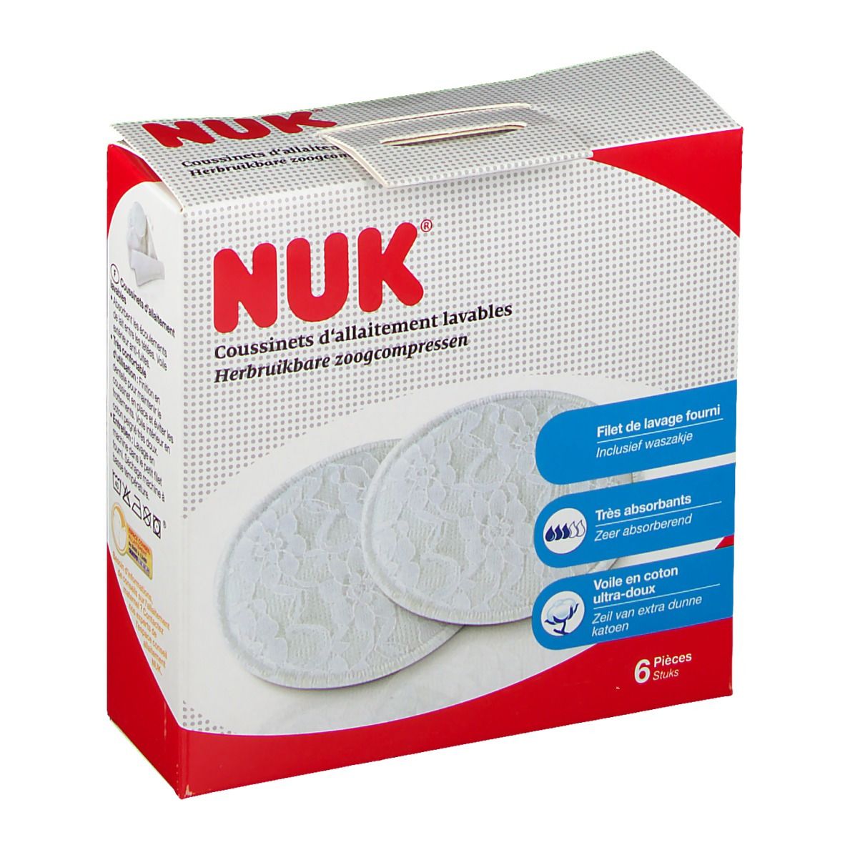 Boîte NUK avec deux coussinets blancs lavables. Six pièces. Texte: Très absorbants.