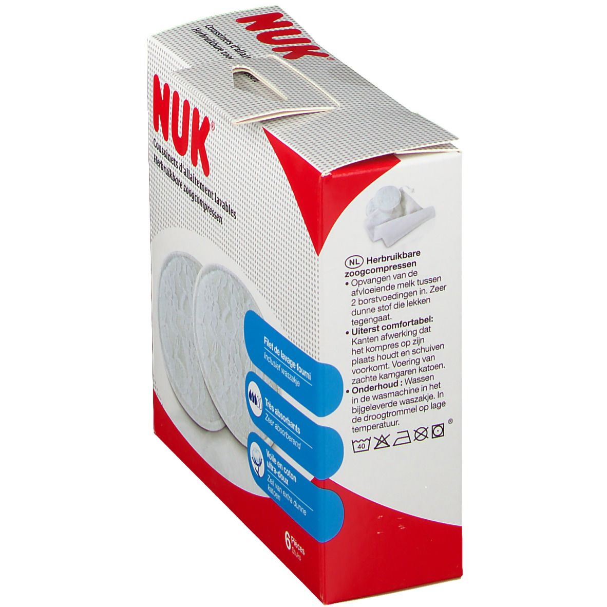 Boîte NUK, vue latérale. Texte: Herbruikbare zoogcompressen. Instructions de lavage. 6 pièces.