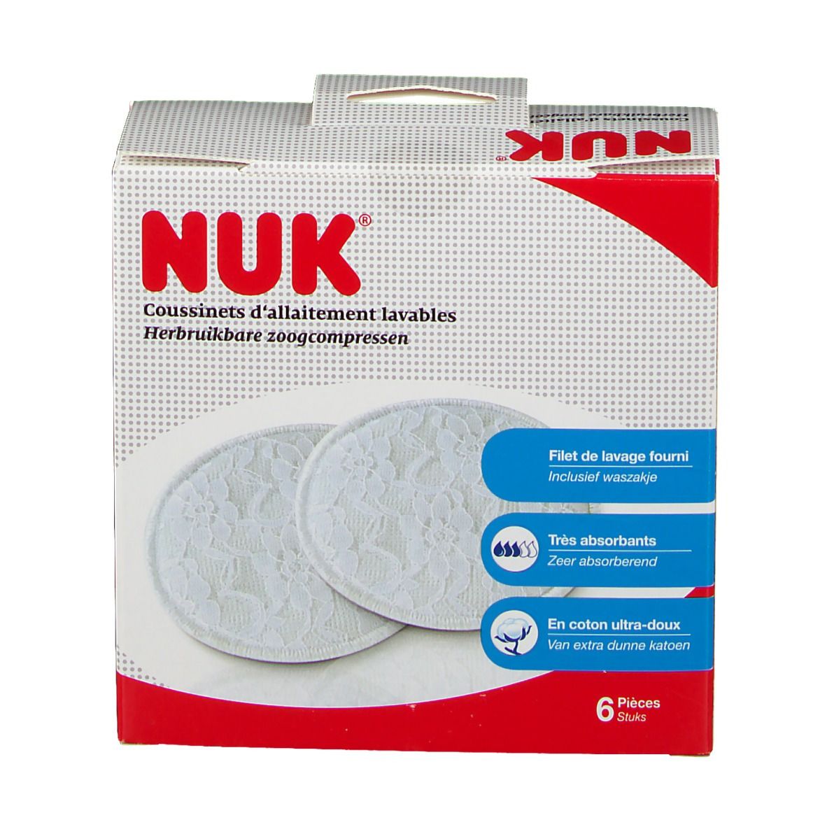 Boîte NUK avec deux coussinets blancs lavables. Six pièces. Texte: Très absorbants.