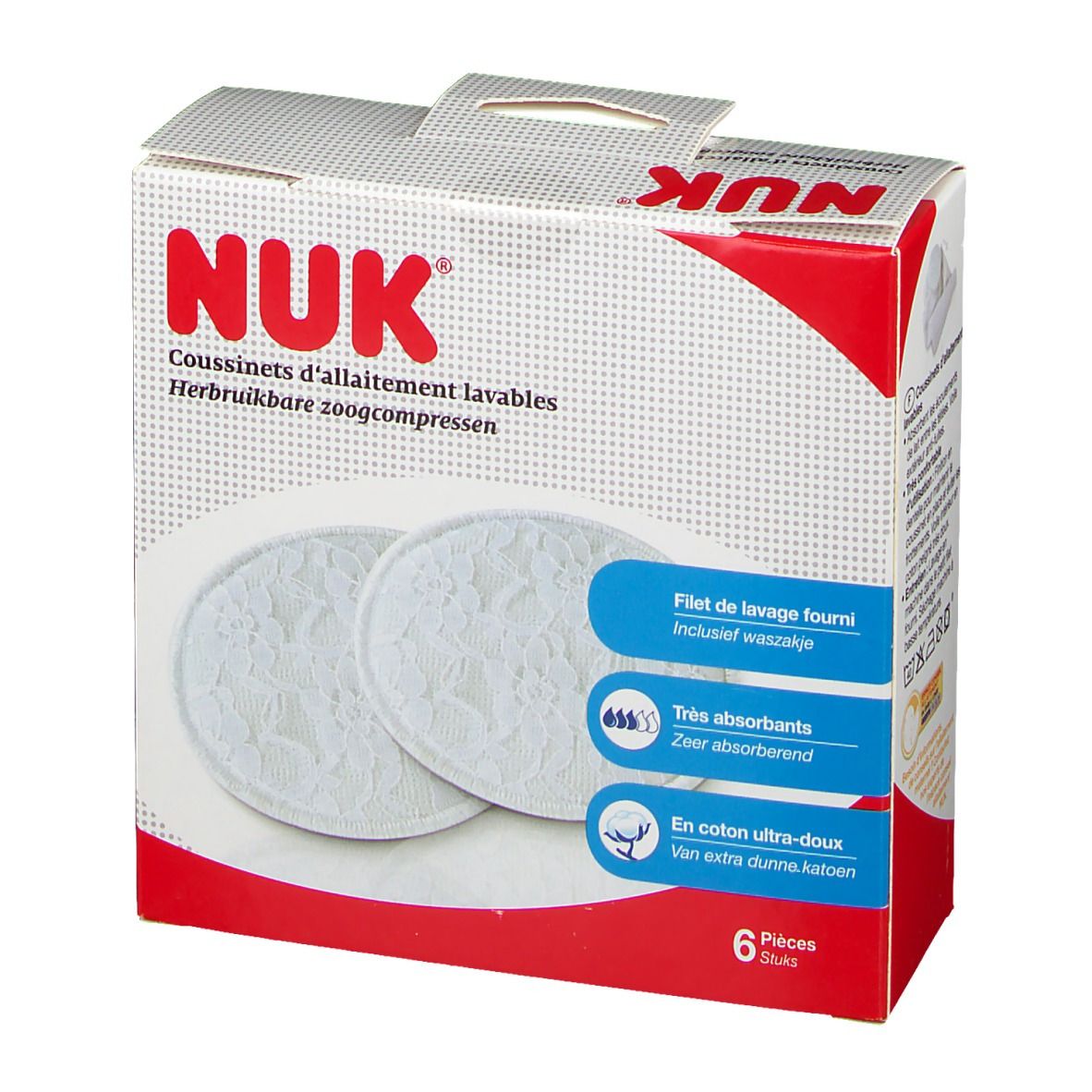 Boîte NUK avec deux coussinets blancs lavables. Six pièces. Texte: Très absorbants.