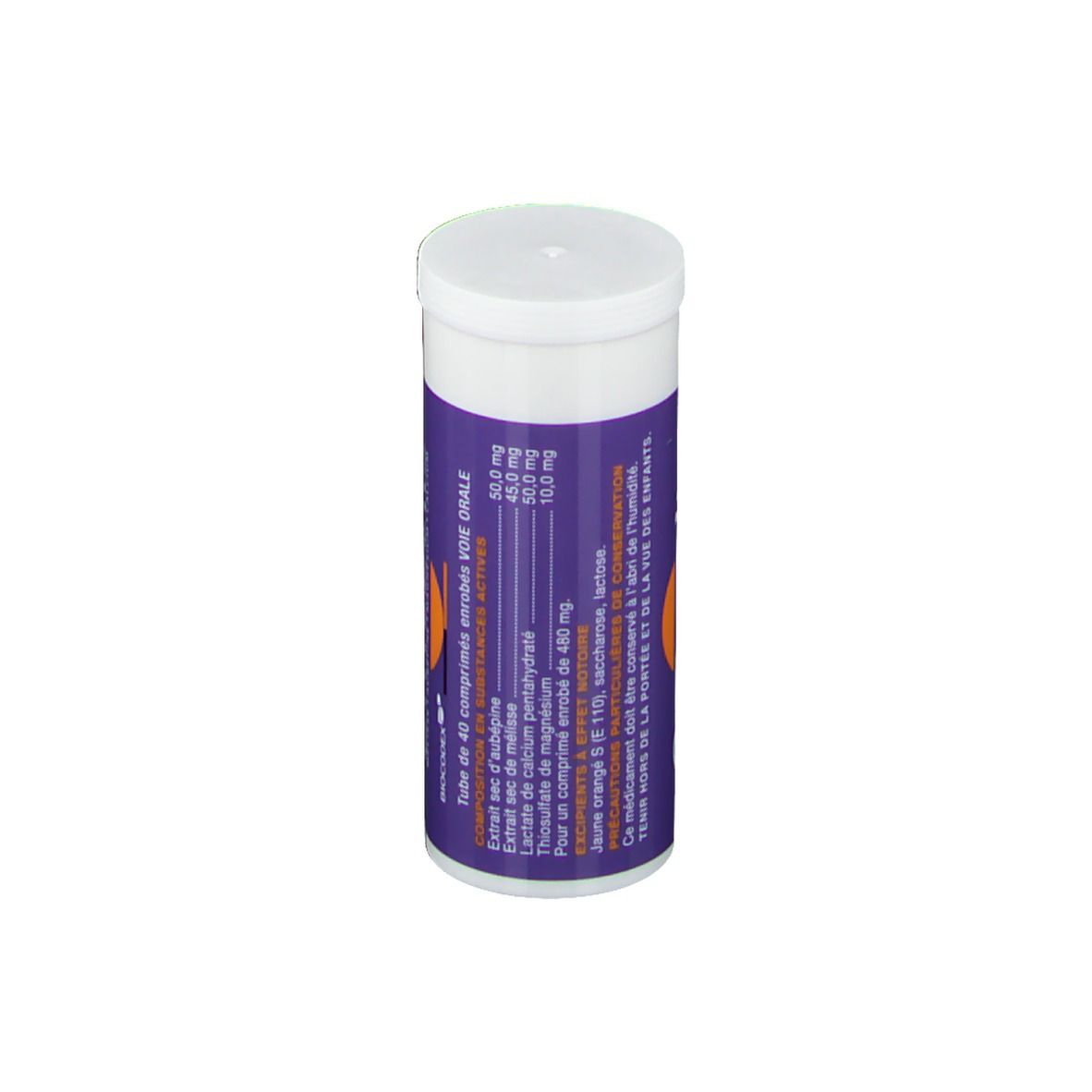 Tube cylindrique. Étiquette violette avec ingrédients et dosage. Bouchon blanc.
