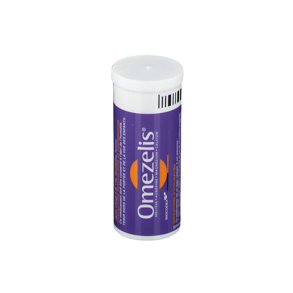 Tube cylindrique. Étiquette violette avec nom du produit Omezelis®. Bouchon blanc.