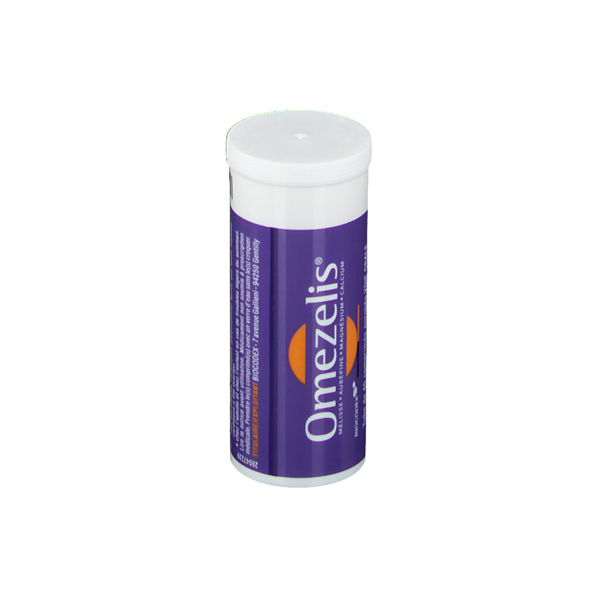 Tube cylindrique. Étiquette violette avec nom du produit Omezelis®. Bouchon blanc.