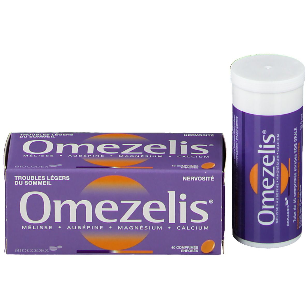 Boîte et tube Omezelis®. Emballage violet avec texte. Tube cylindrique avec bouchon blanc.