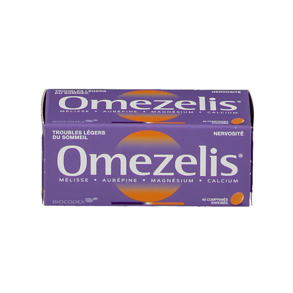 Boîte violette avec nom du produit Omezelis®. Texte et logo. 40 comprimés.