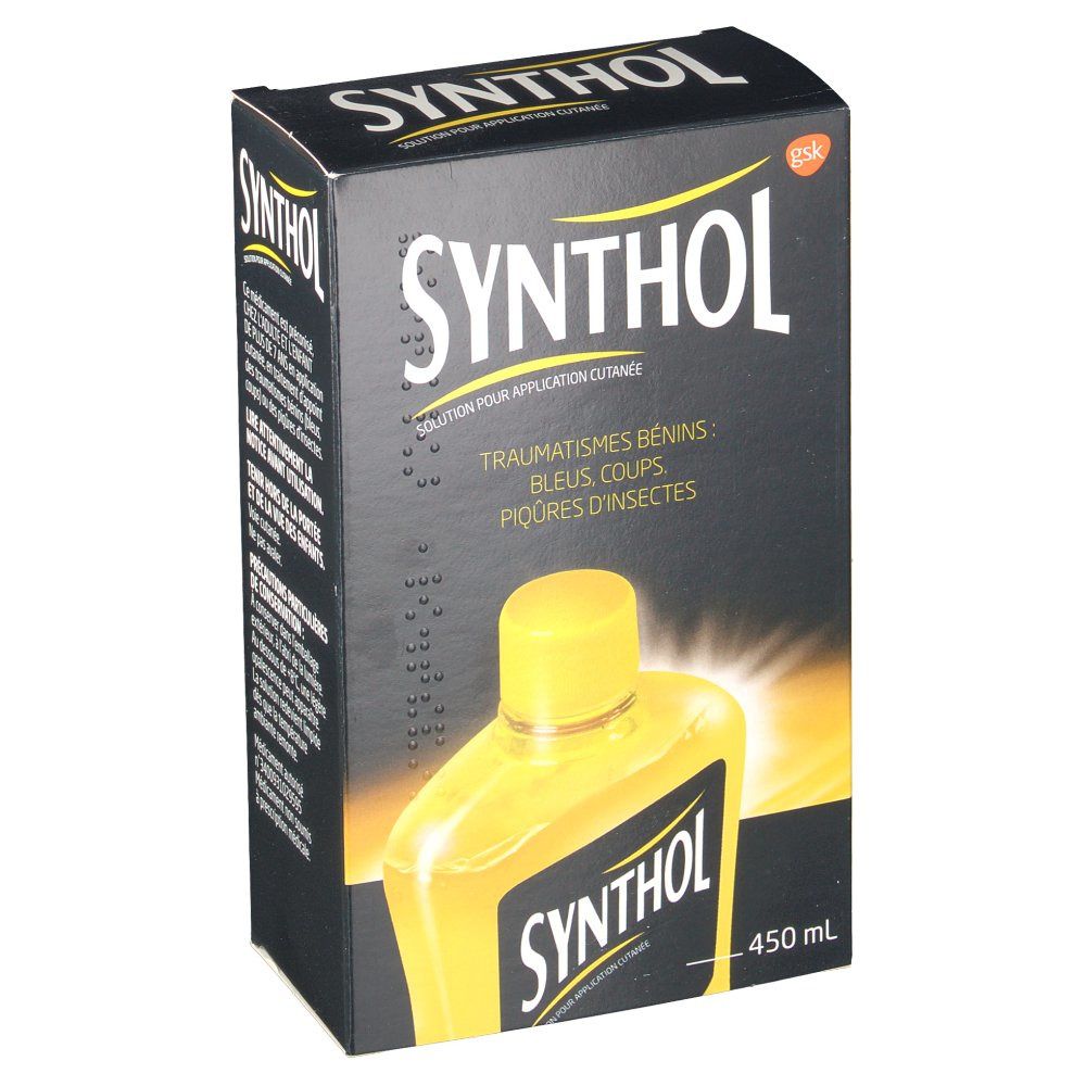 Boîte noire avec image du produit jaune. Inscription "SYNTHOL" et "Solution pour application cutanée".