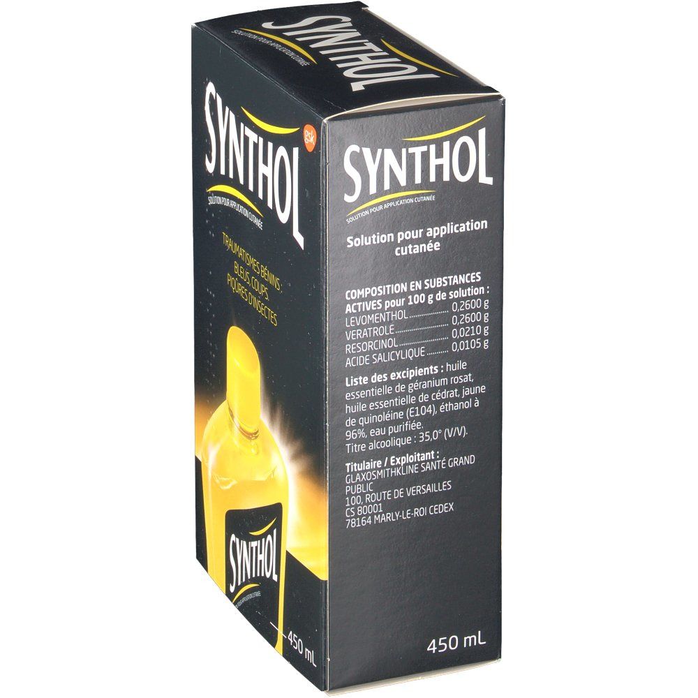 Boîte noire, image du produit. Inscription "SYNTHOL". Ingrédients et informations fabricant visibles.