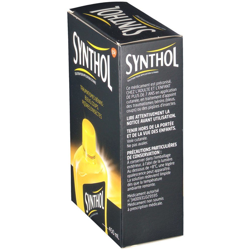 Boîte noire, image du produit. Inscription "SYNTHOL". Avertissements et instructions d'utilisation visibles.