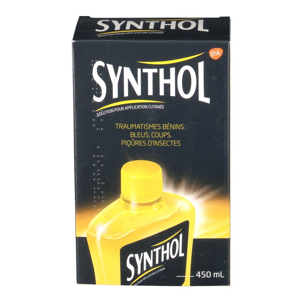 Boîte noire avec image du produit jaune. Inscription "SYNTHOL" et "Solution pour application cutanée".