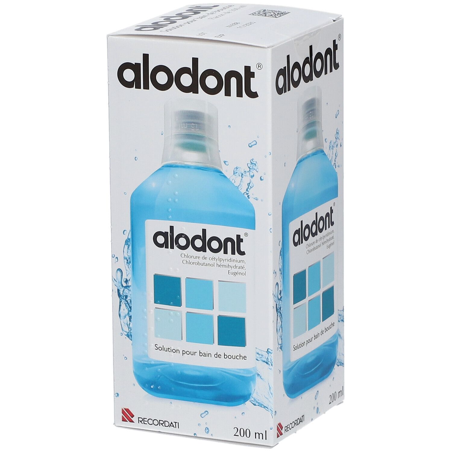 Boîte Alodont. Flacon bleu. Inscriptions: Alodont, 200 ml, RECORDATI. Solution pour bain de bouche.