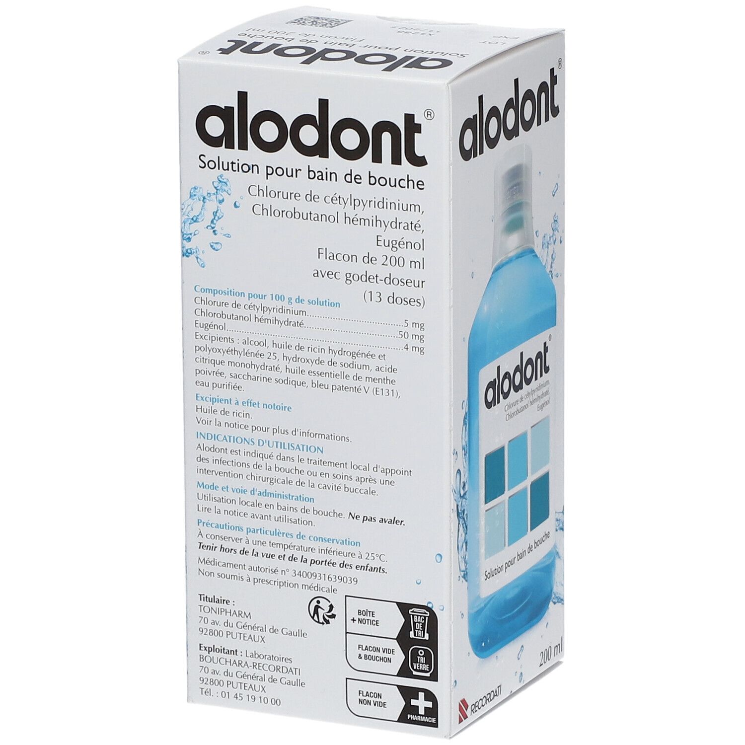 Boîte Alodont, dos avec informations. Inscriptions: Alodont, ingrédients, dosage, RECORDATI. Solution pour bain de bouche.