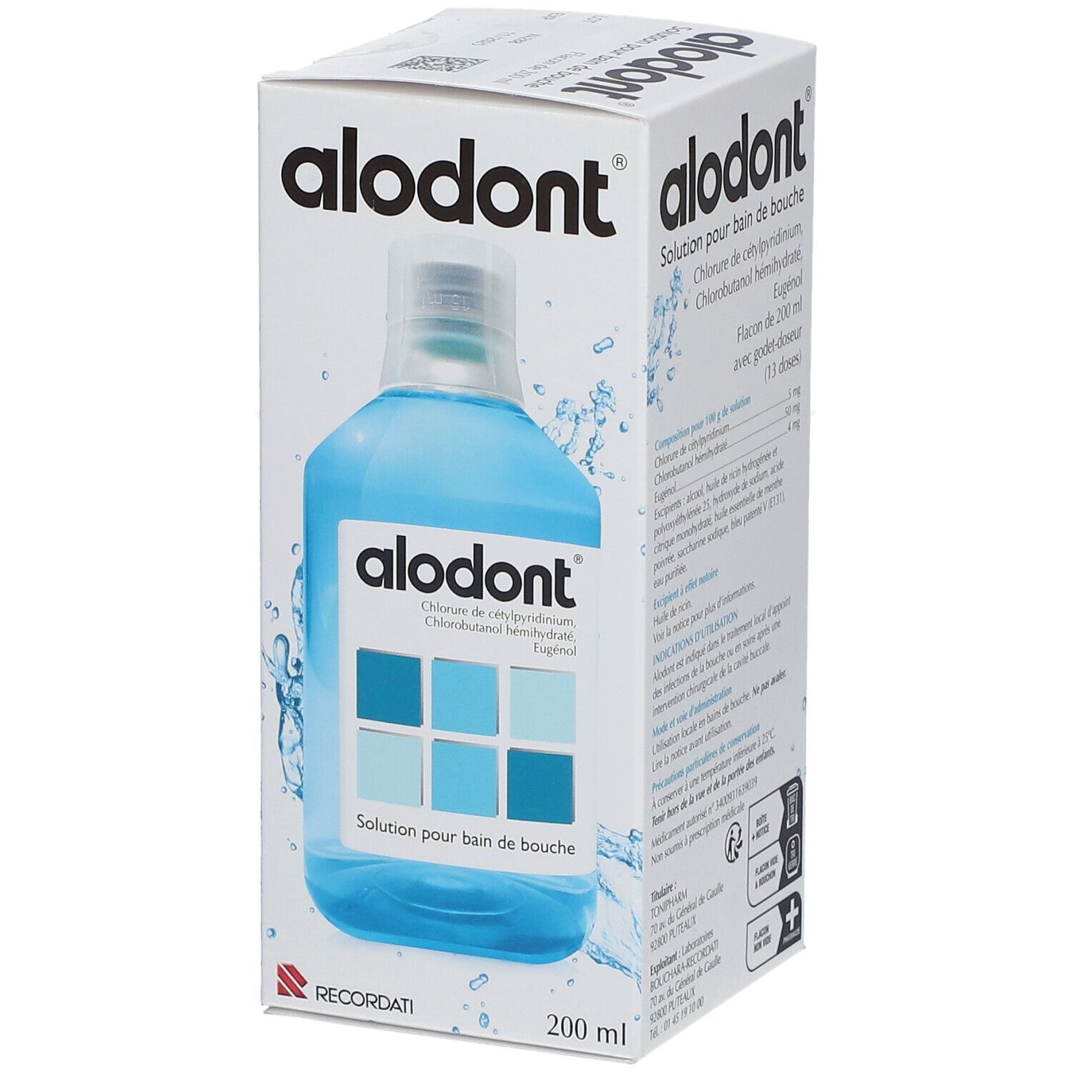 Boîte Alodont. Flacon bleu. Inscriptions: Alodont, 200 ml, RECORDATI. Solution pour bain de bouche.