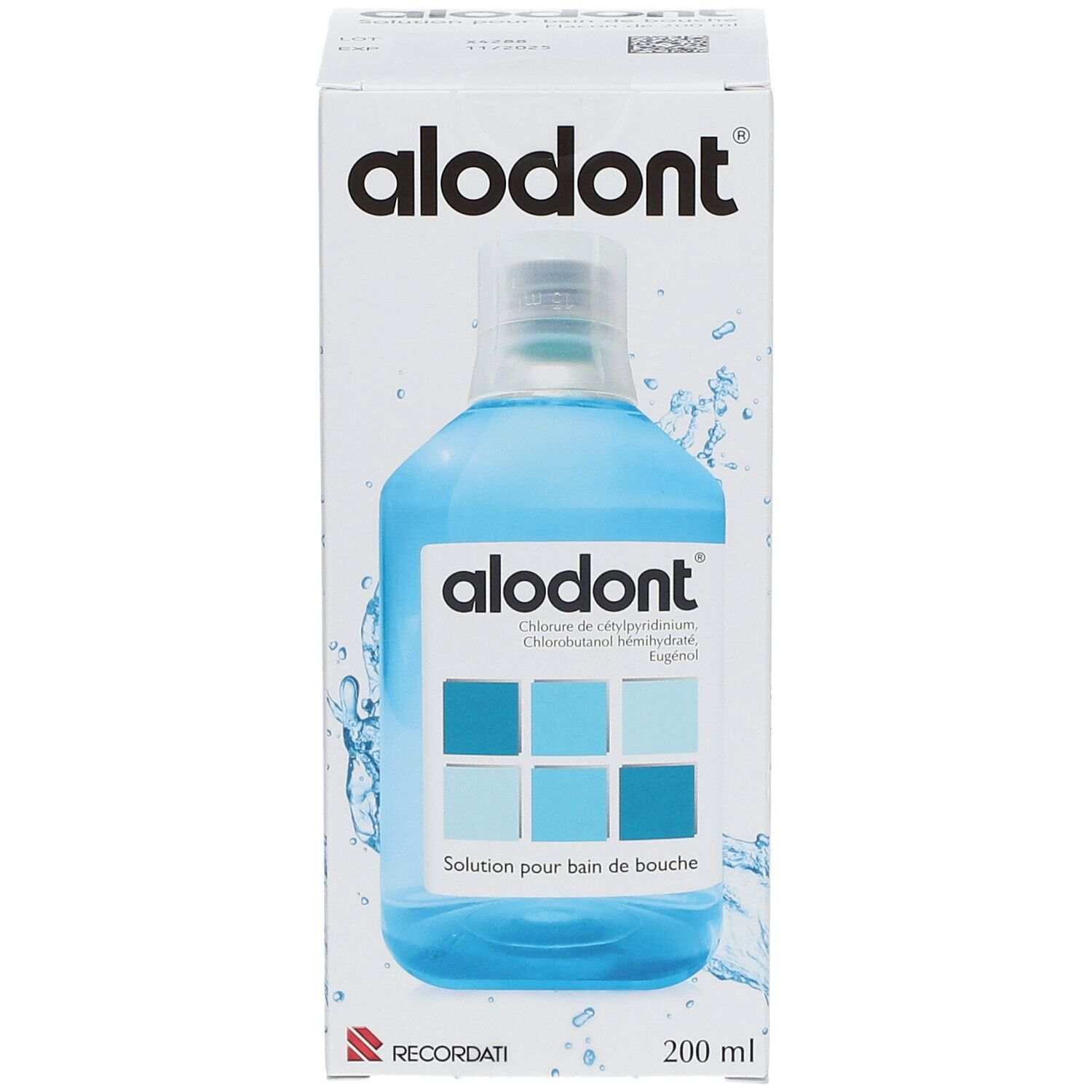 Boîte Alodont. Flacon bleu. Inscriptions: Alodont, 200 ml, RECORDATI. Solution pour bain de bouche.