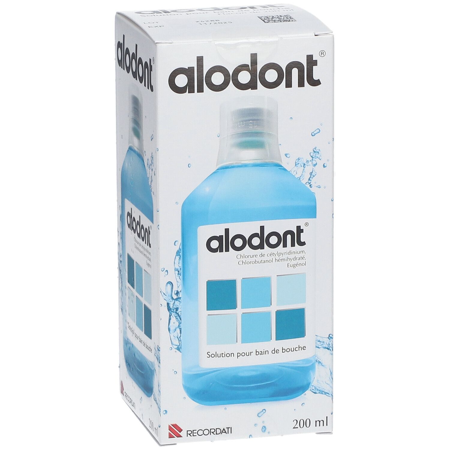 Boîte Alodont. Flacon bleu. Inscriptions: Alodont, 200 ml, RECORDATI. Solution pour bain de bouche.