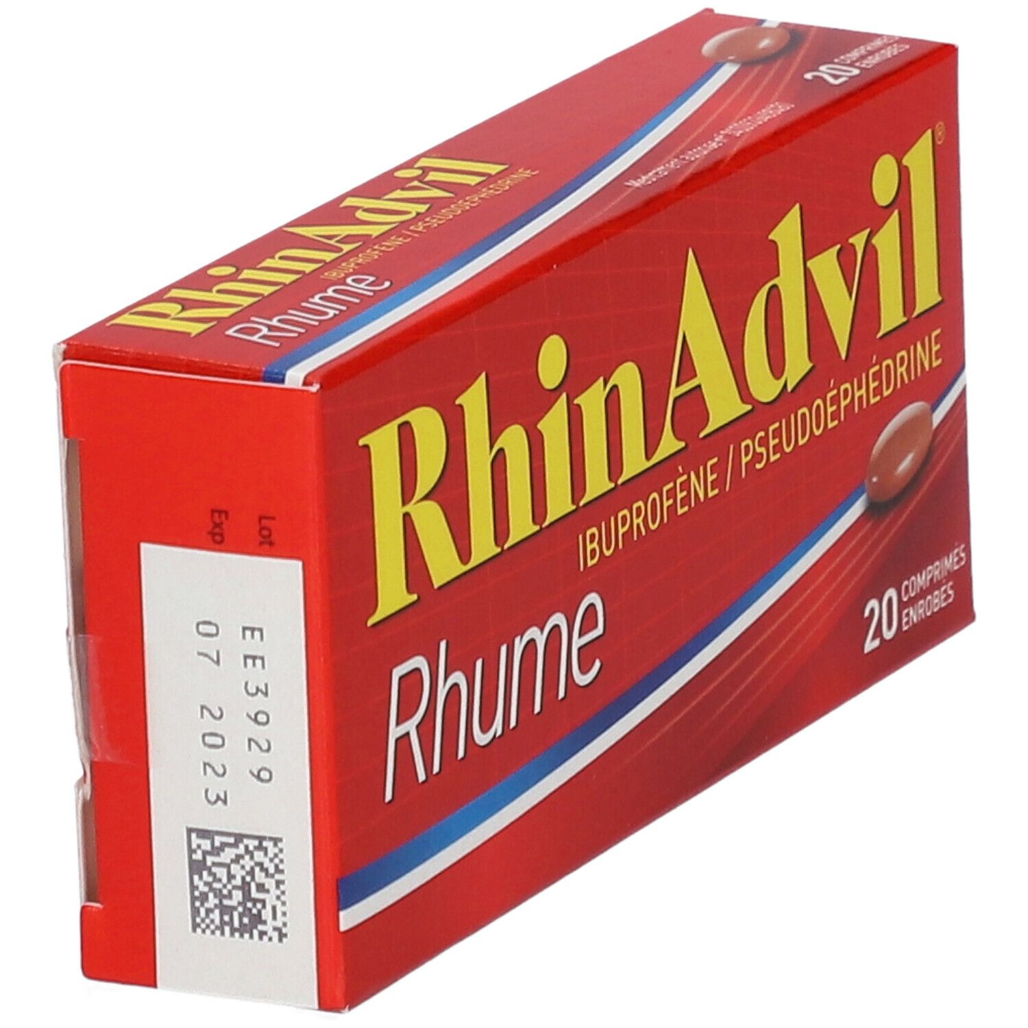 Boîte rouge RhinAdvil Rhume. Date de péremption et QR code. 20 comprimés.