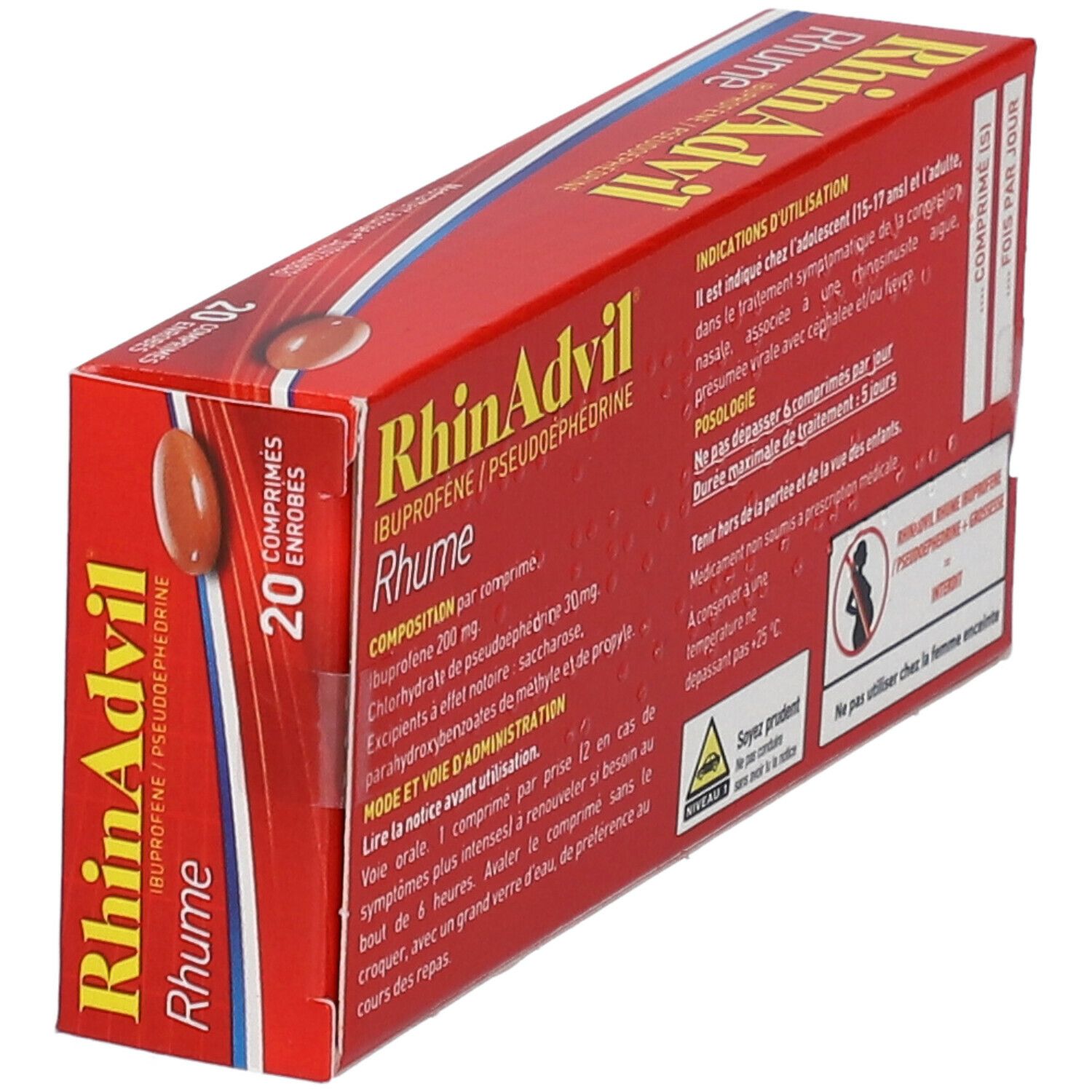 Boîte rouge RhinAdvil Rhume. Texte avec ingrédients et instructions. 20 comprimés. Un comprimé visible.