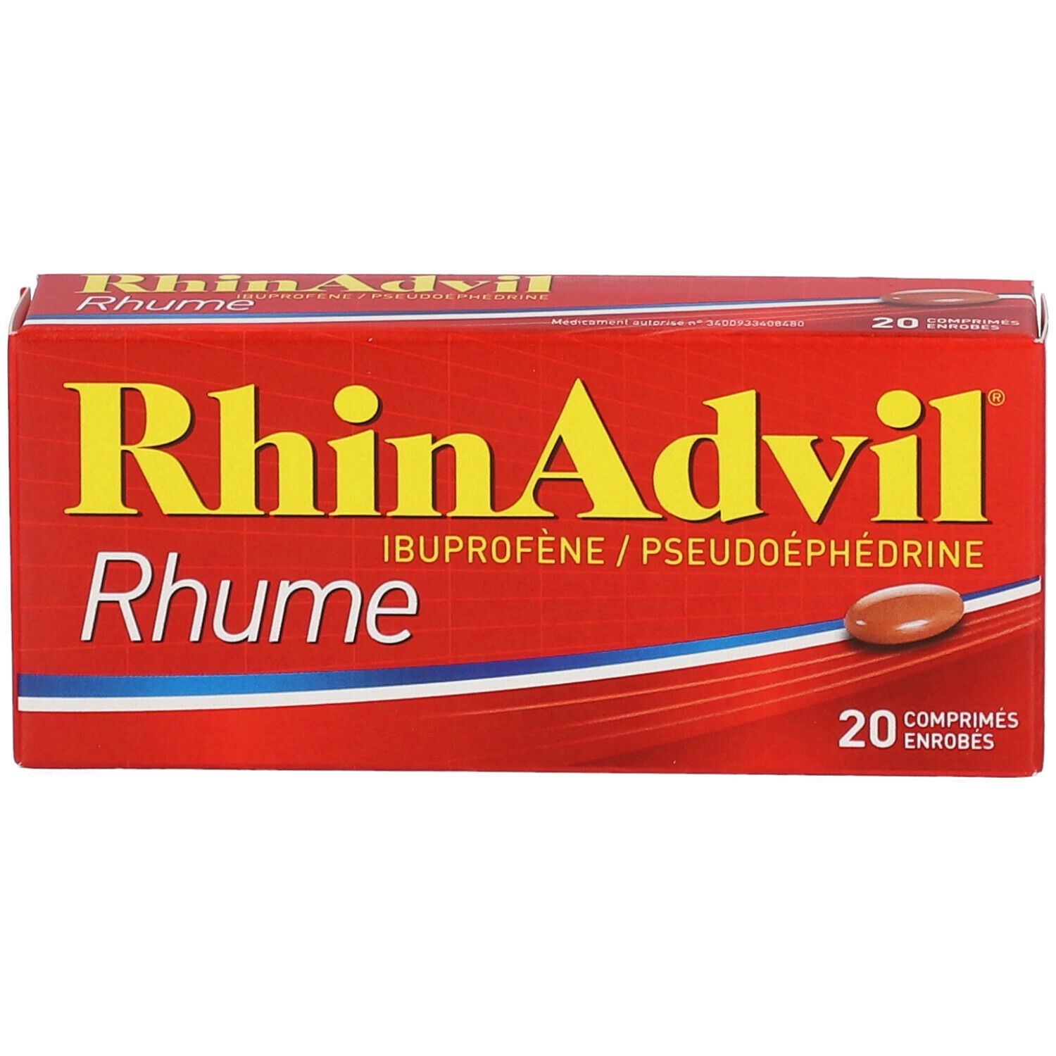 Boîte rouge RhinAdvil Rhume avec texte jaune. Contient 20 comprimés. Un comprimé visible.