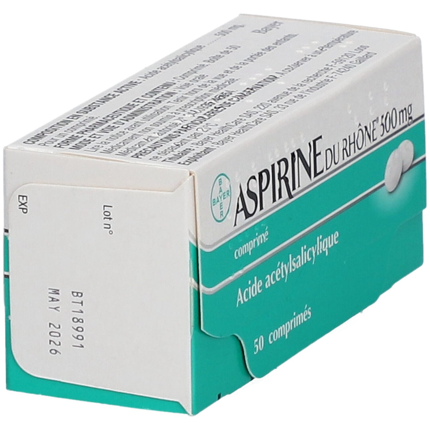 Boîte d'Aspirine du Rhône 500 mg, vue latérale. Logo Bayer. Date de péremption: mai 2026.