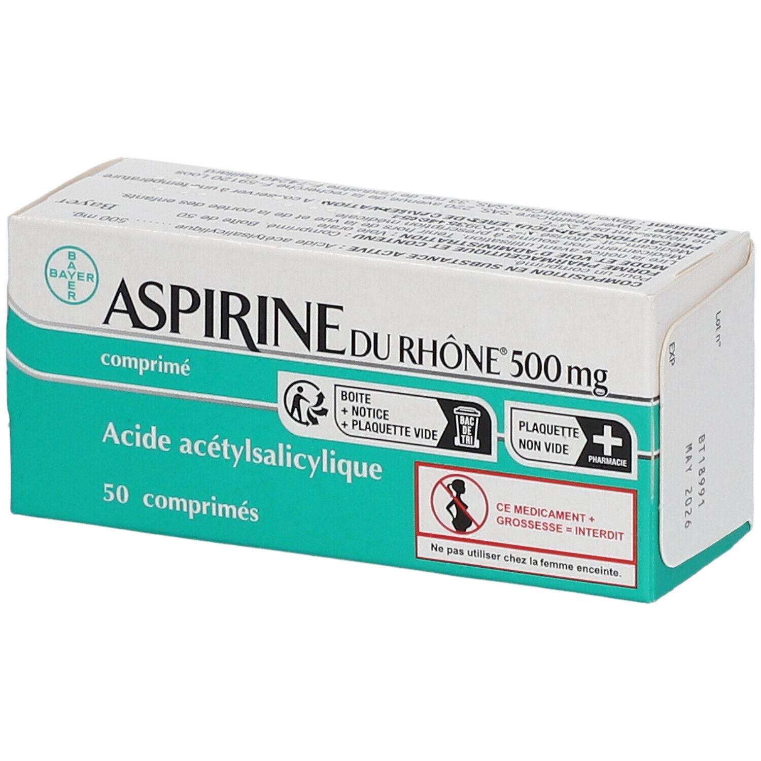 Boîte d'Aspirine du Rhône 500 mg. Avertissements et pictogrammes. 50 comprimés.