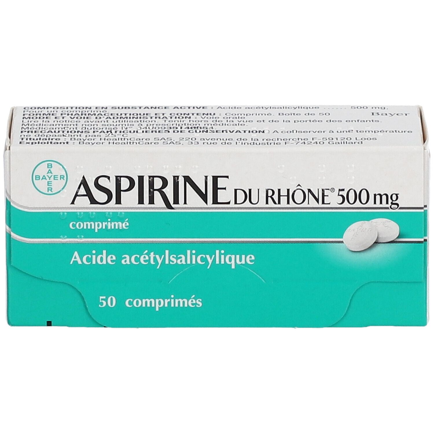 Boîte d'Aspirine du Rhône 500 mg. Comprimés blancs sur fond vert. Logo Bayer. 50 comprimés.