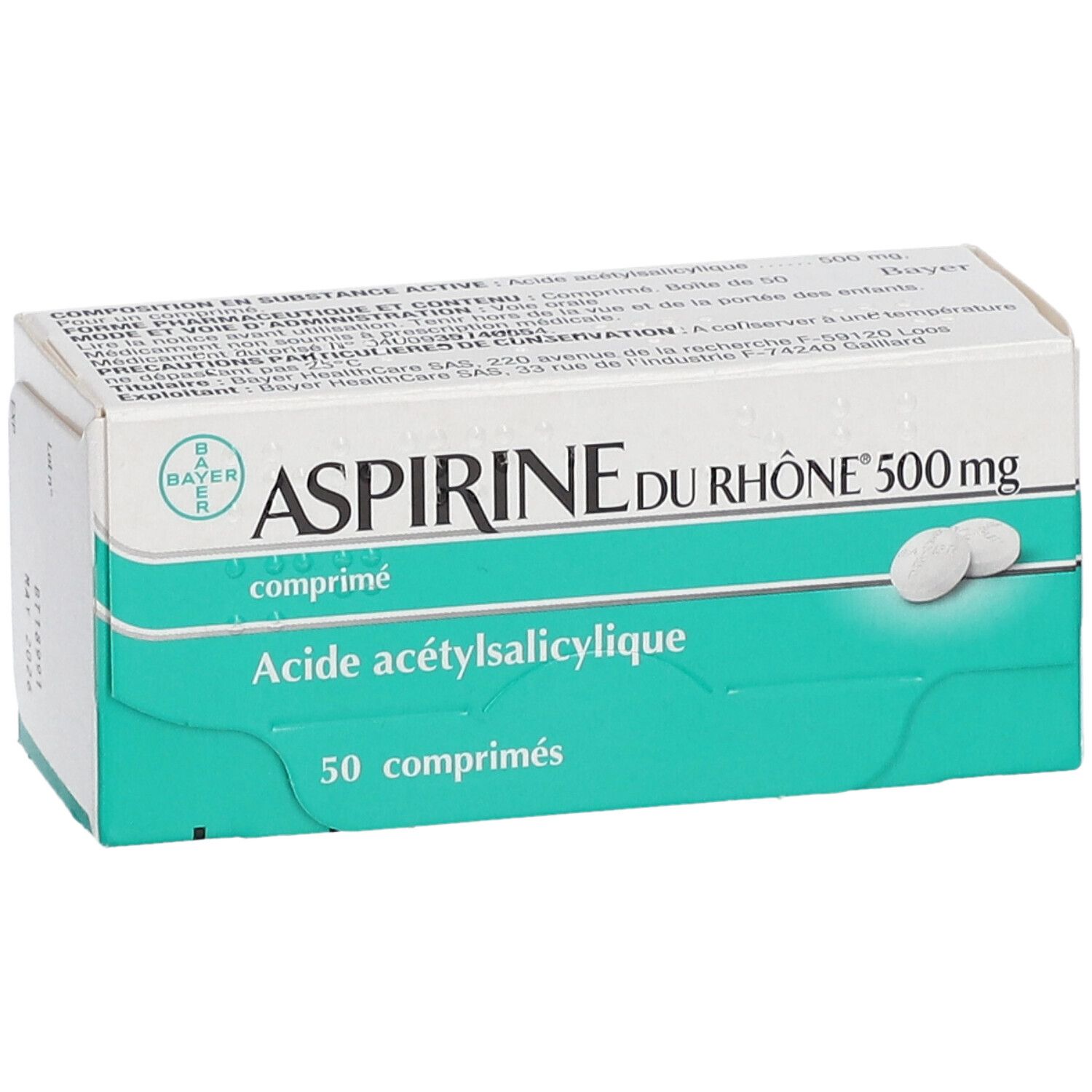Boîte d'Aspirine du Rhône 500 mg. Comprimés blancs sur fond vert. Logo Bayer. 50 comprimés.