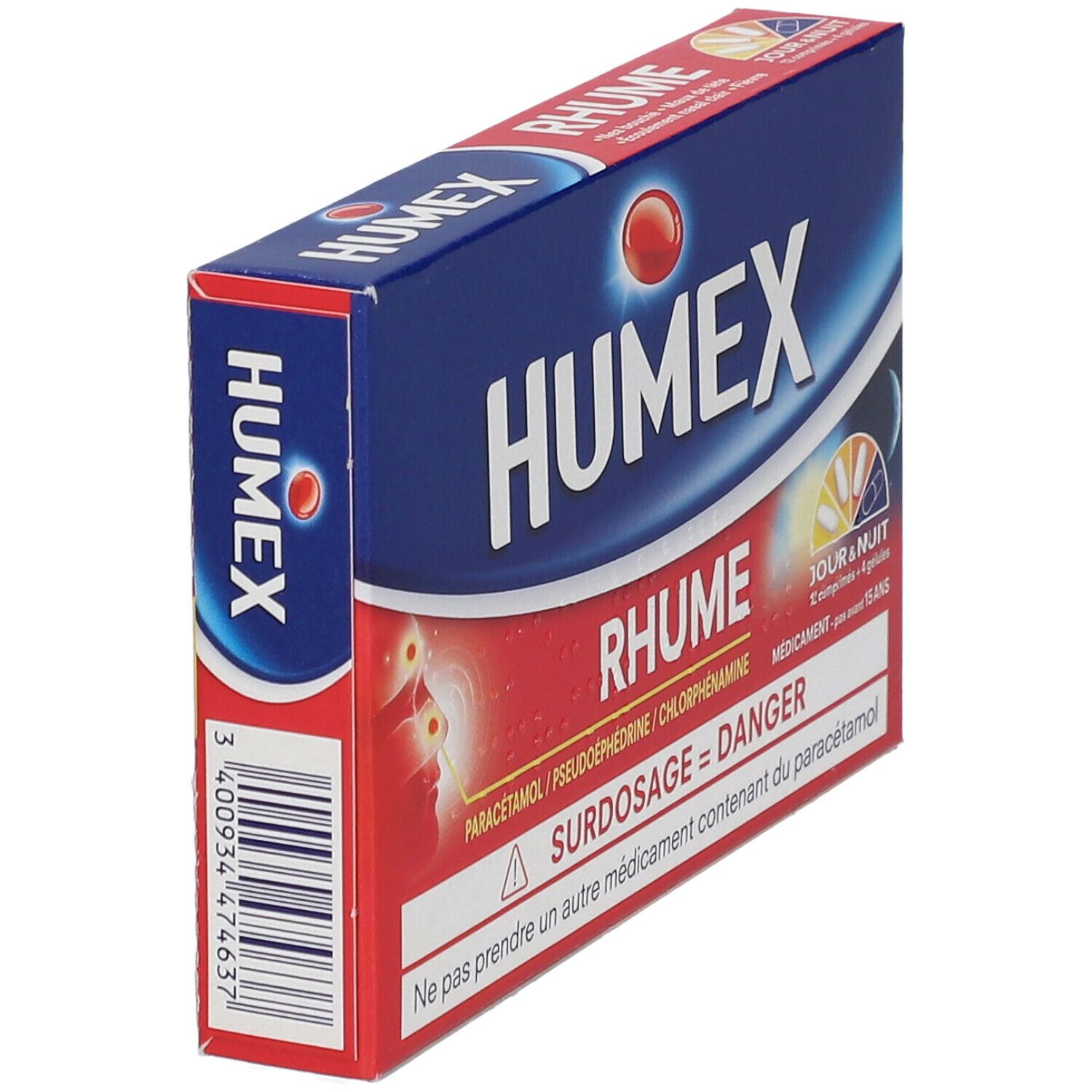 Boîte Humex Rhume, bleue et rouge. Inscription : Rhume. Avertissement : Surdosage = Danger. Vue oblique avant.