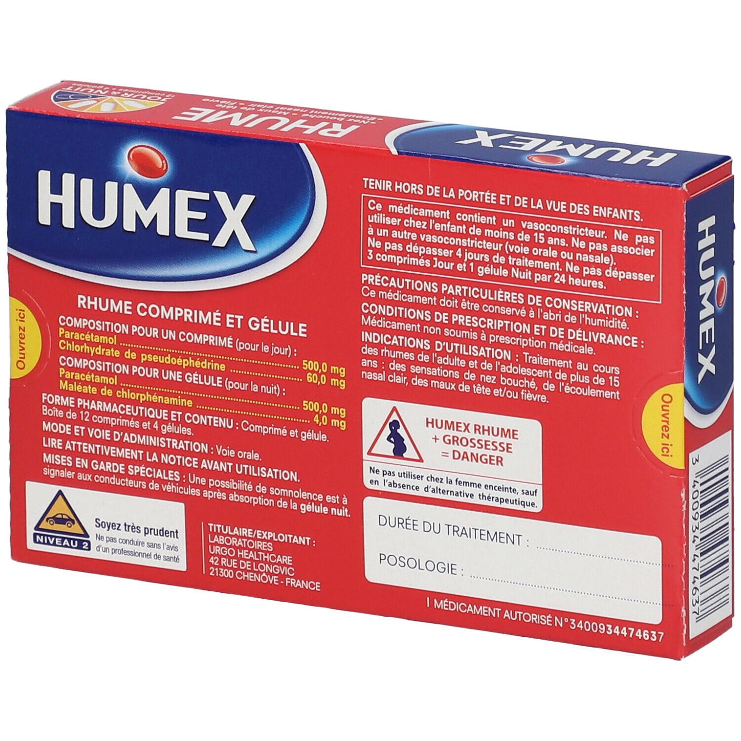Dos de la boîte Humex Rhume. Texte : Composition, mode d'emploi. Avertissement : Ne pas utiliser avant 15 ans.