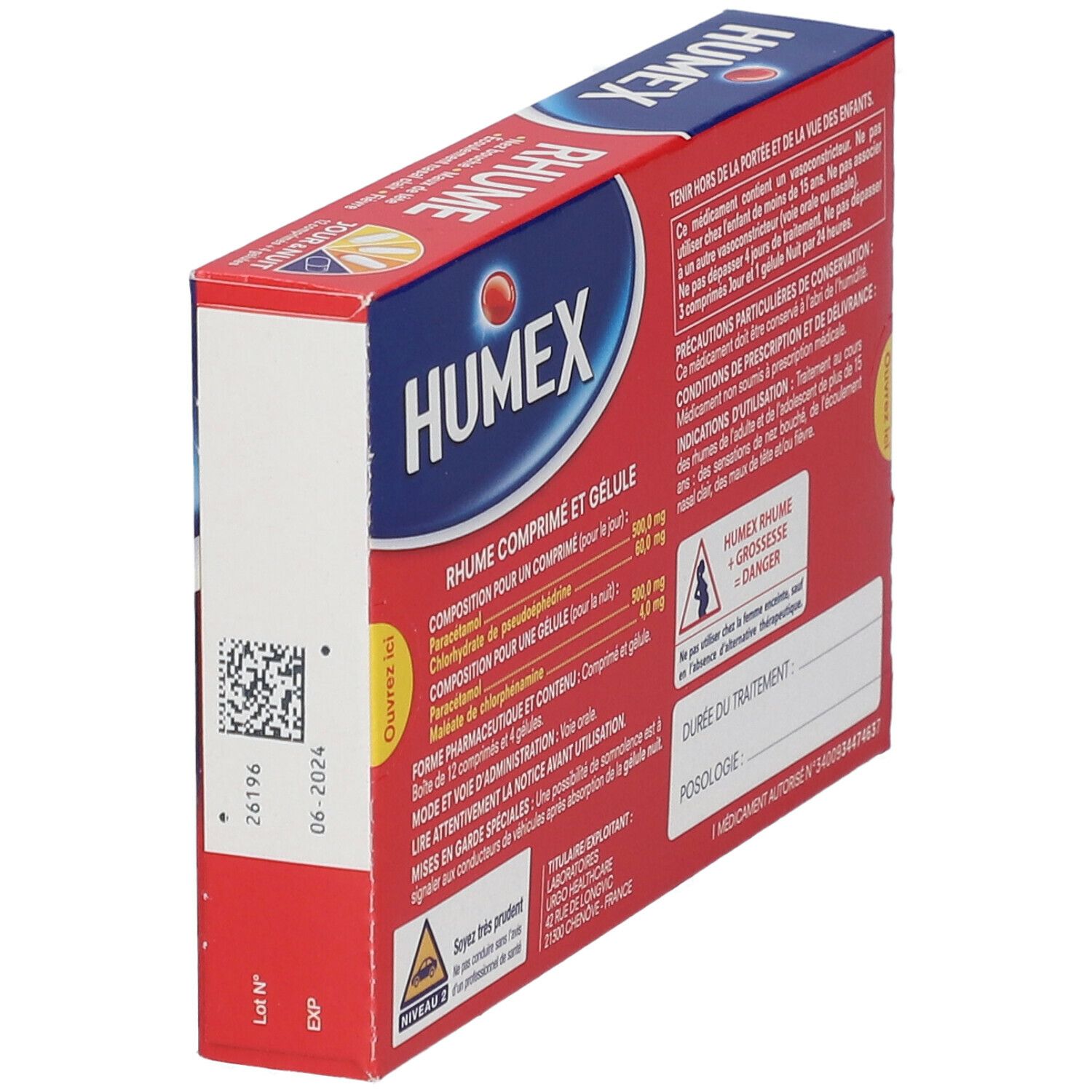 Vue oblique de la boîte Humex Rhume. Texte : Composition, date de péremption. Avertissement : Ne pas utiliser avant 15 ans.
