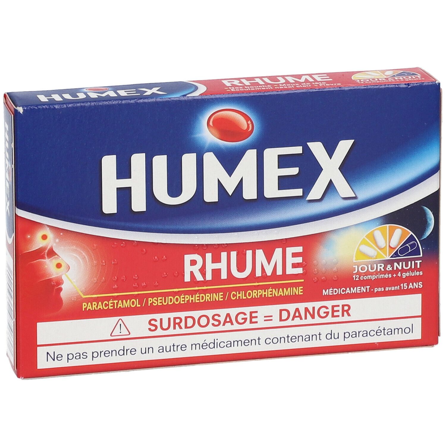 Boîte Humex Rhume, bleue et rouge. Inscriptions : Rhume, Paracétamol, Pseudoéphédrine, Chlorphénamine. Avertissement : Surdosage = Danger.