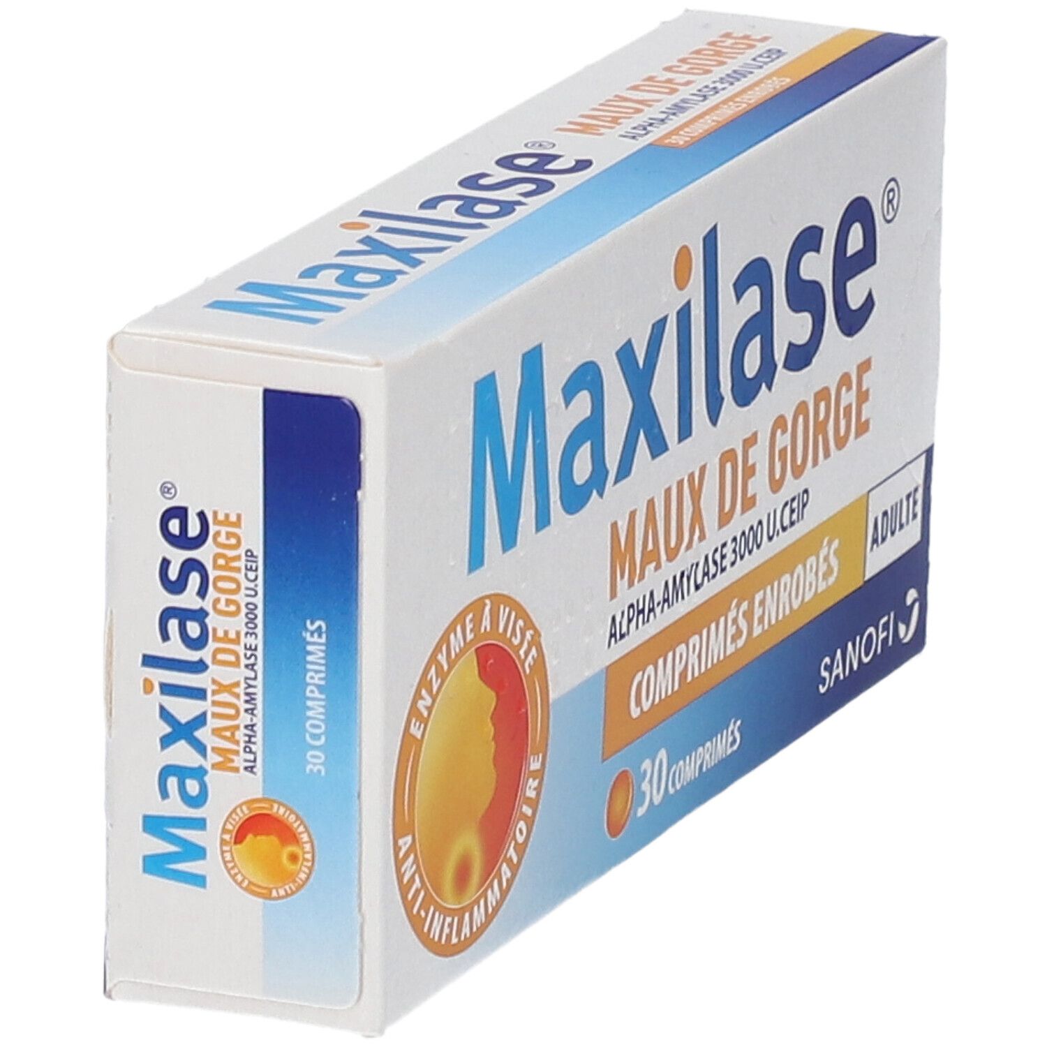 Boîte de Maxilase® Maux de Gorge. Emballage bleu et blanc avec nom et logo du produit. Contient 30 comprimés.