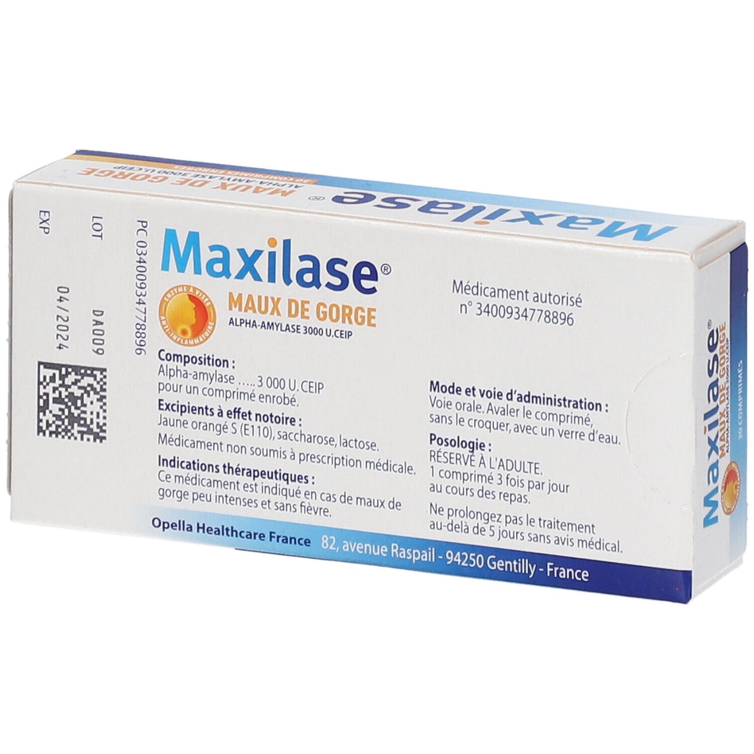 Dos de la boîte de Maxilase® Maux de Gorge. Contient des informations sur les ingrédients, la posologie et le fabricant.