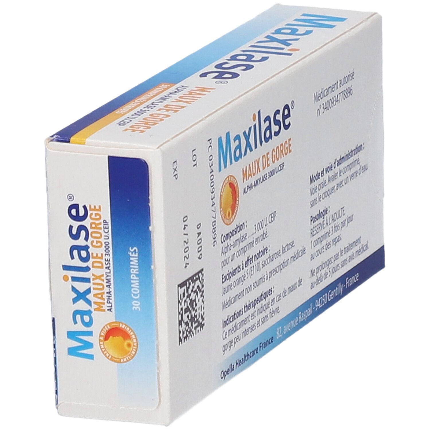 Vue latérale de la boîte de Maxilase® Maux de Gorge. Affiche le nom du produit, le logo et les informations du fabricant.