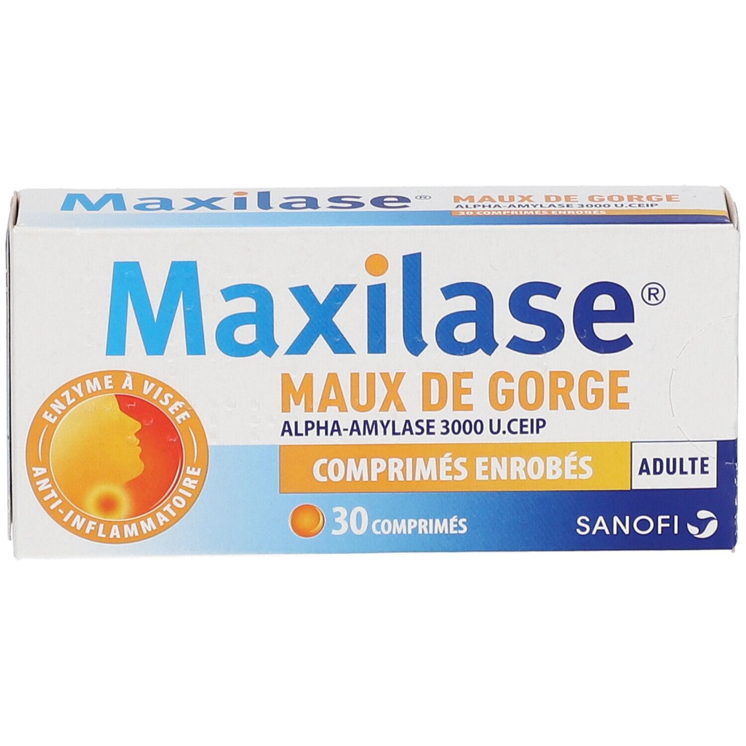 Boîte de Maxilase® Maux de Gorge. Boîte blanche et bleue avec nom et logo du produit. Contient 30 comprimés.