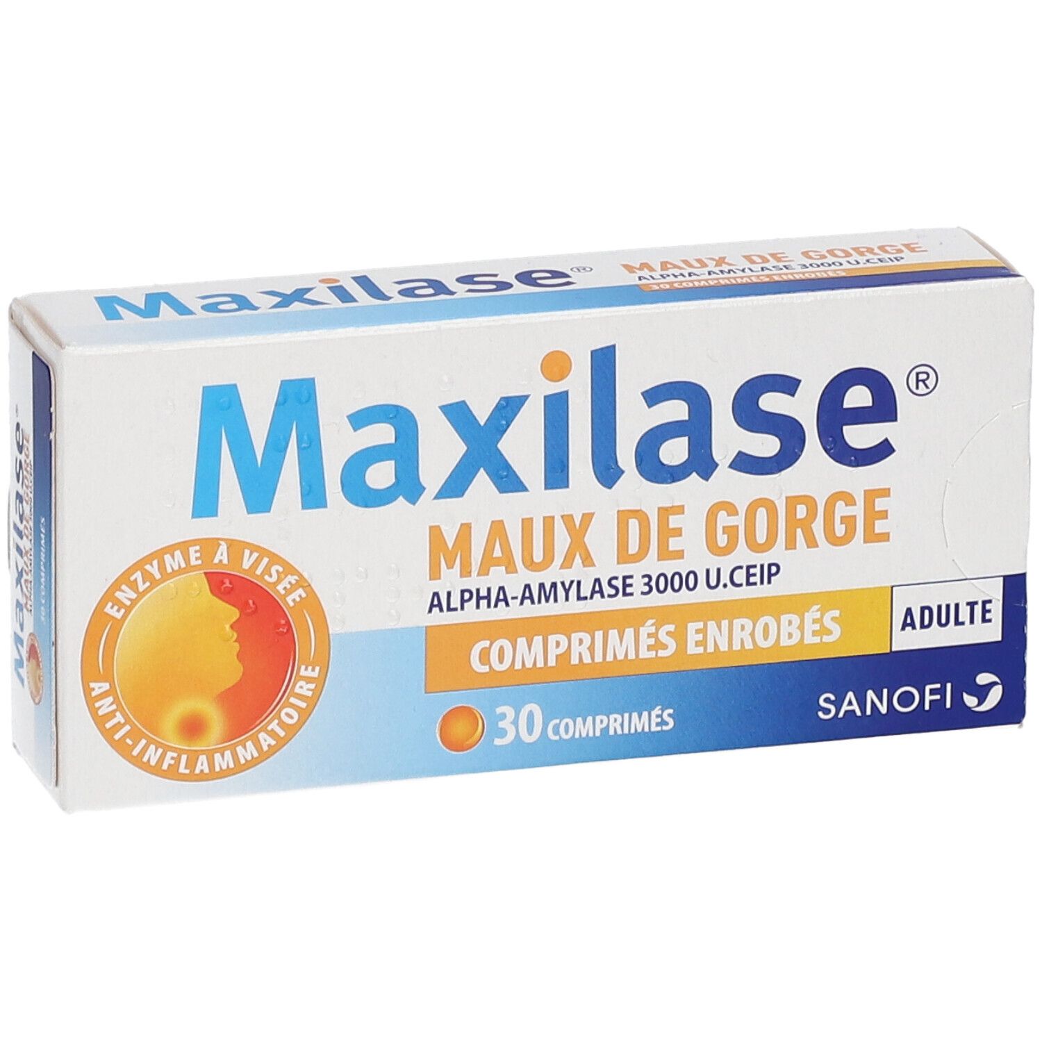 Boîte de Maxilase® Maux de Gorge. Boîte blanche et bleue avec nom et logo du produit. Contient 30 comprimés.