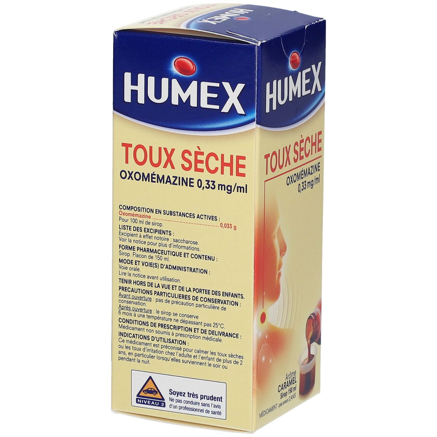 Boîte de médicament. Nom du produit et ingrédients. Texte sur les ingrédients actifs, la posologie et les précautions.