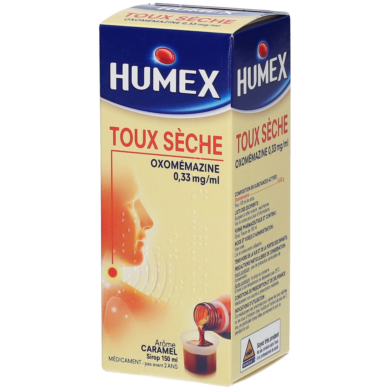 Boîte de médicament. Nom du produit et ingrédients. Illustration d'un profil et d'un liquide versé dans un gobelet doseur.