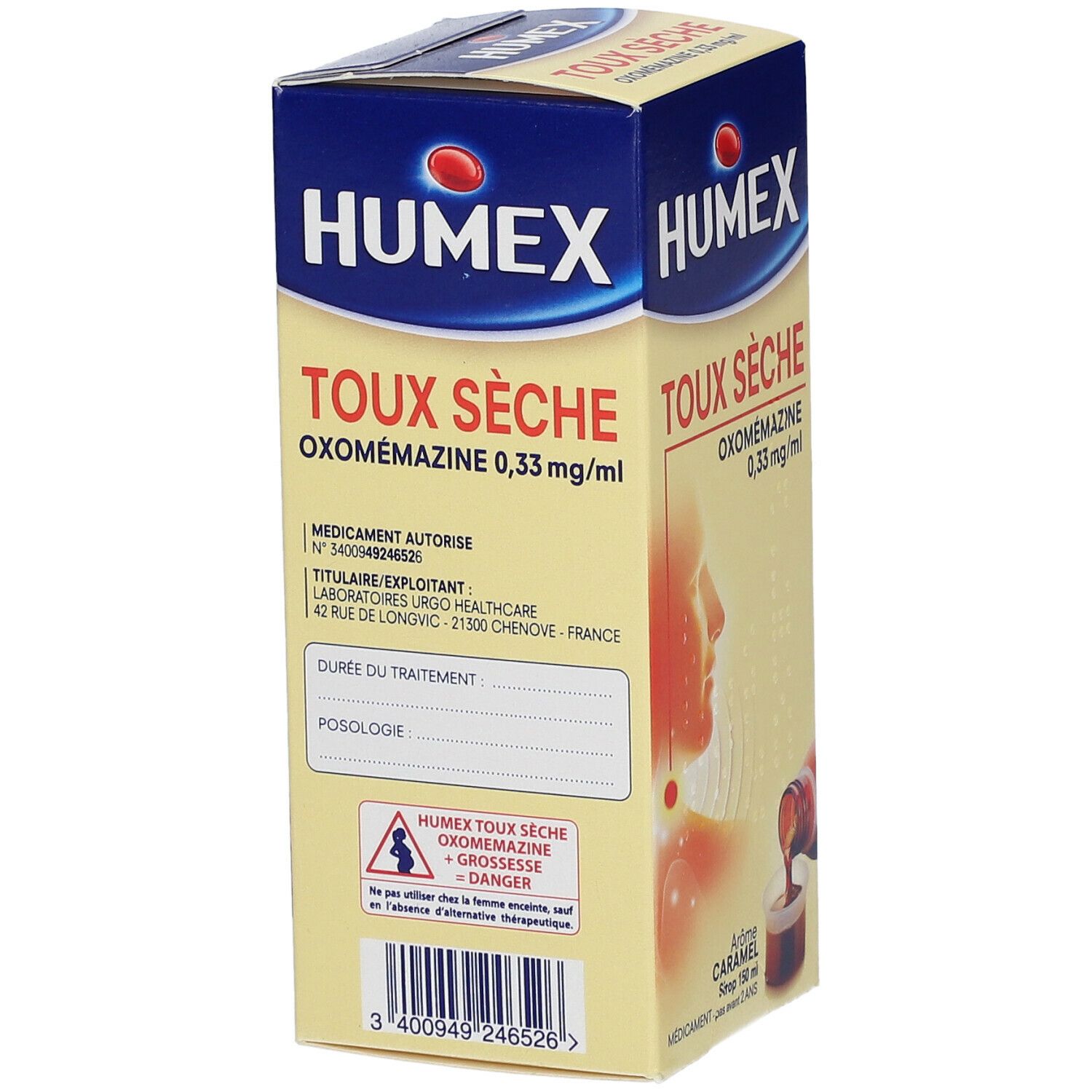 Boîte de médicament. Nom du produit et ingrédients. Texte sur le fabricant et les avertissements. Illustration d'un profil.