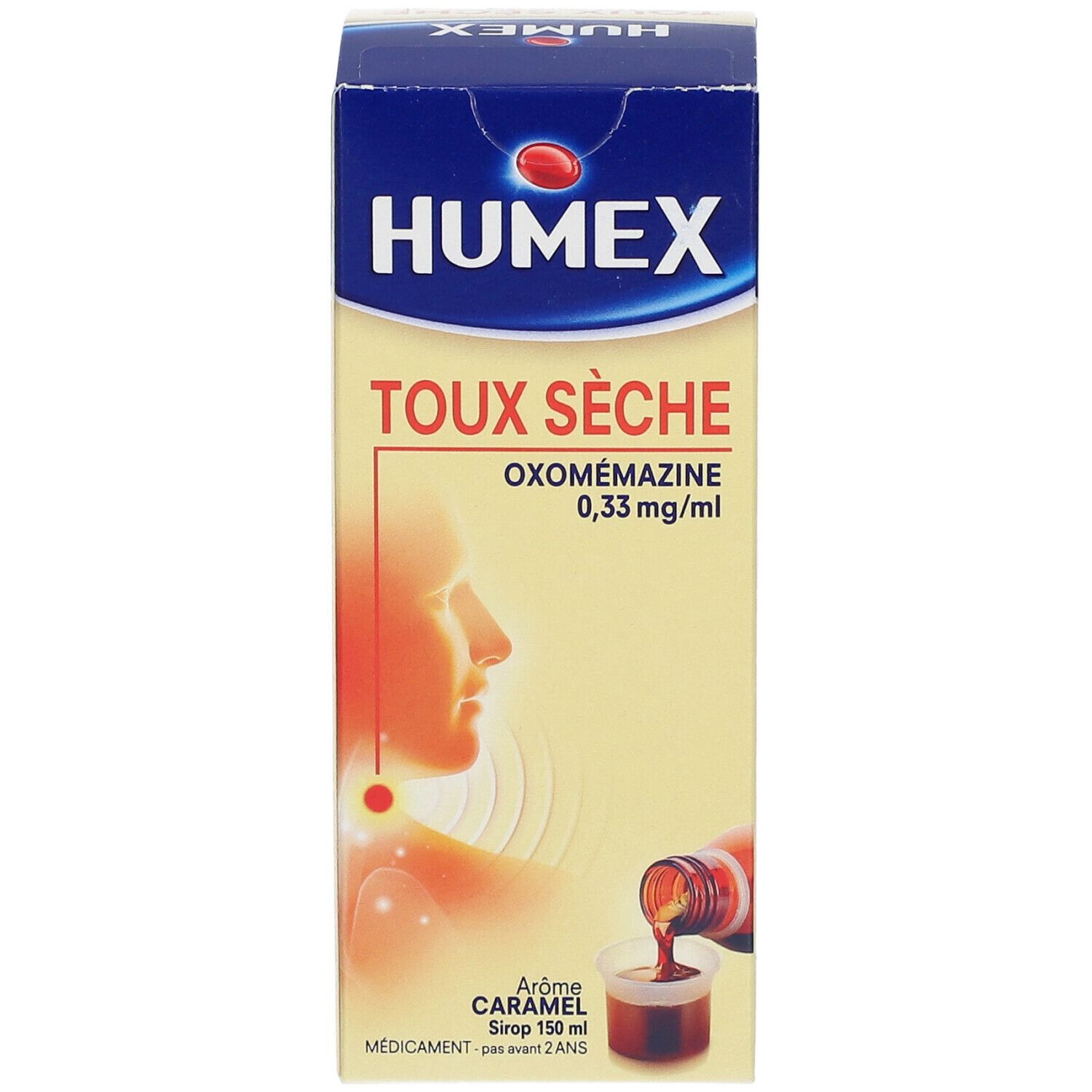 Boîte de médicament. Nom du produit et ingrédients. Illustration d'un profil et d'un liquide versé dans un gobelet doseur.