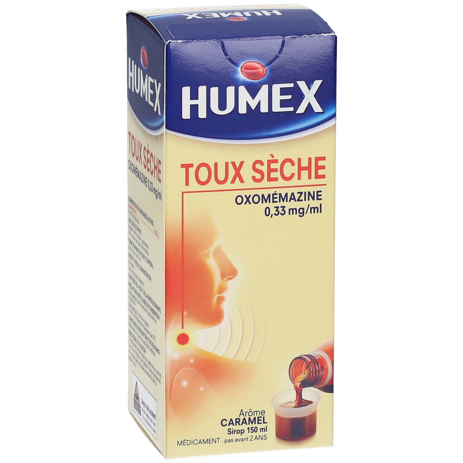 Boîte de médicament. Nom du produit et ingrédients. Illustration d'un profil et d'un liquide versé dans un gobelet doseur.