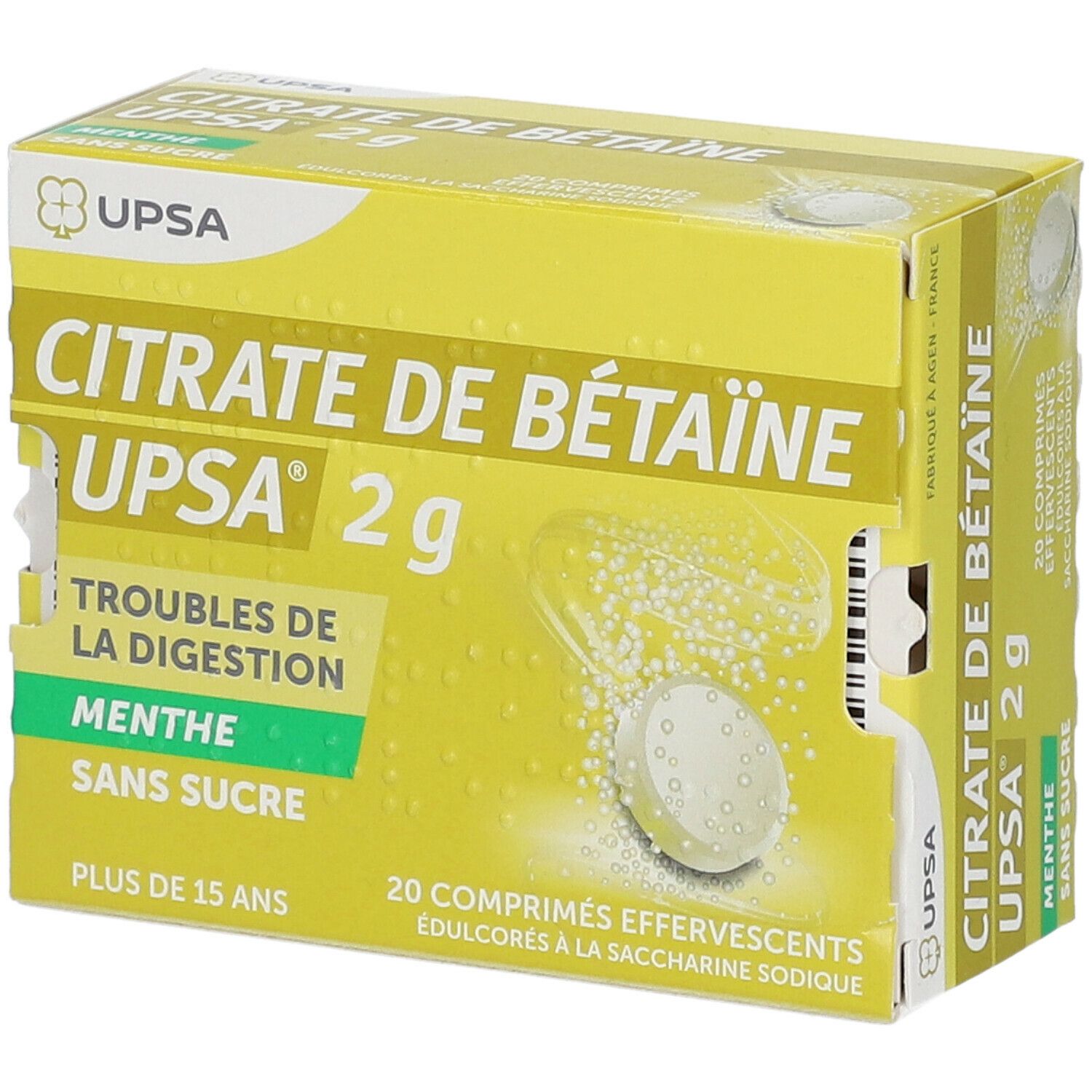 Citrate DE Betaine Upsa 2G Menthe Sans Sucre, comprimé effervescent édulcoré à la saccharine sodique