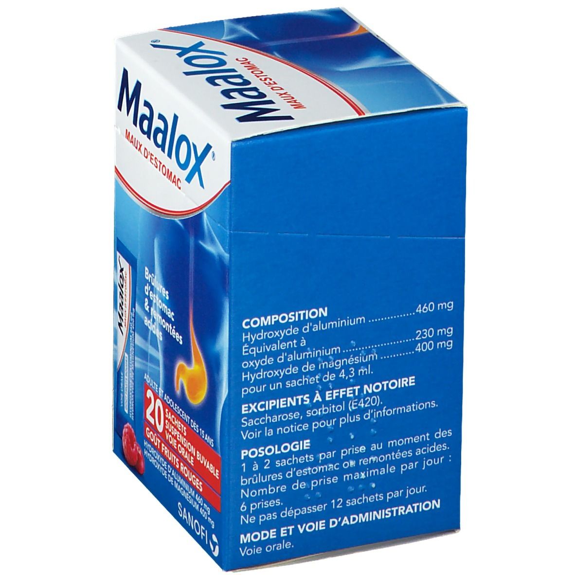 Boîte Maalox, bleue. Informations produit. Contient 20 sachets, goût fruits rouges. Logo Sanofi.