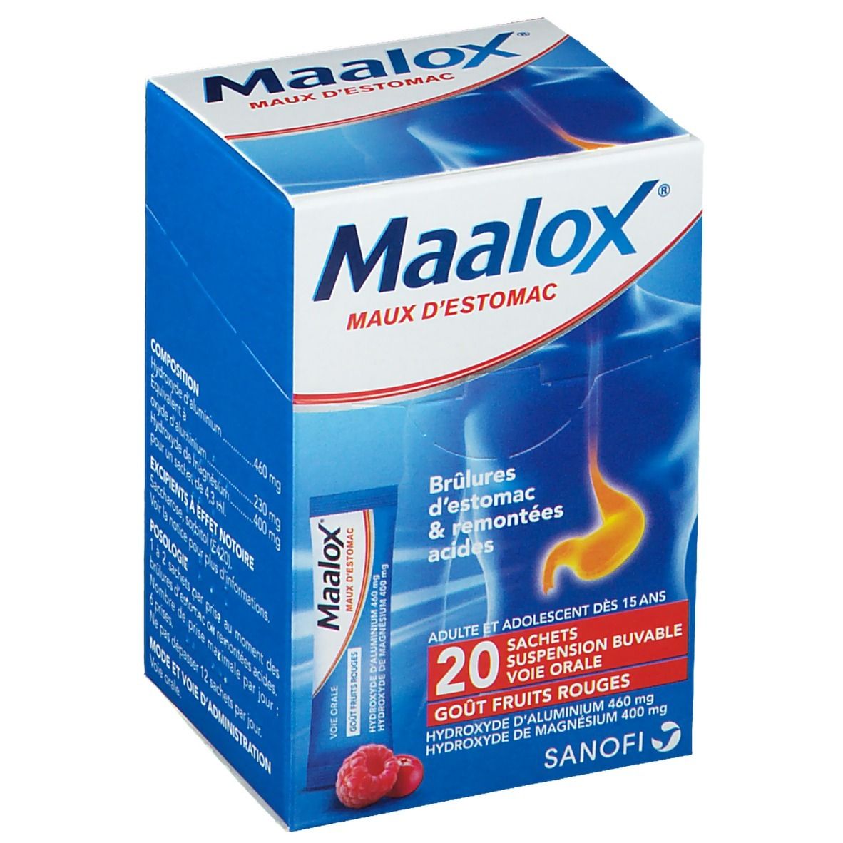 Boîte Maalox, bleue et blanche. Nom et description du produit. Contient 20 sachets, goût fruits rouges. Sanofi.