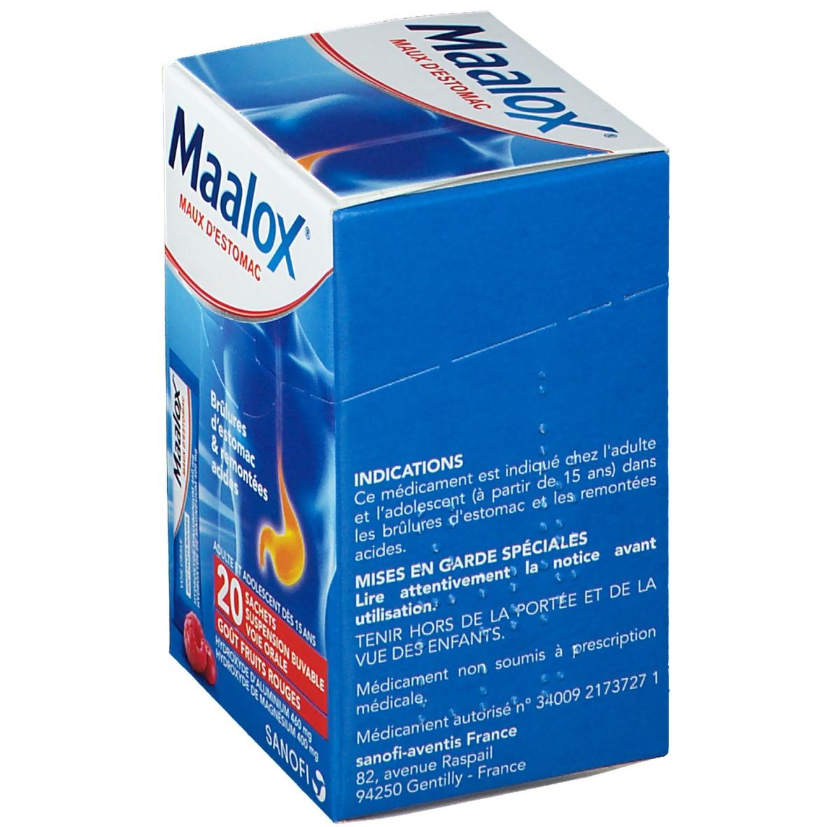 Boîte Maalox, bleue. Informations produit. Contient 20 sachets, goût fruits rouges. Logo Sanofi.