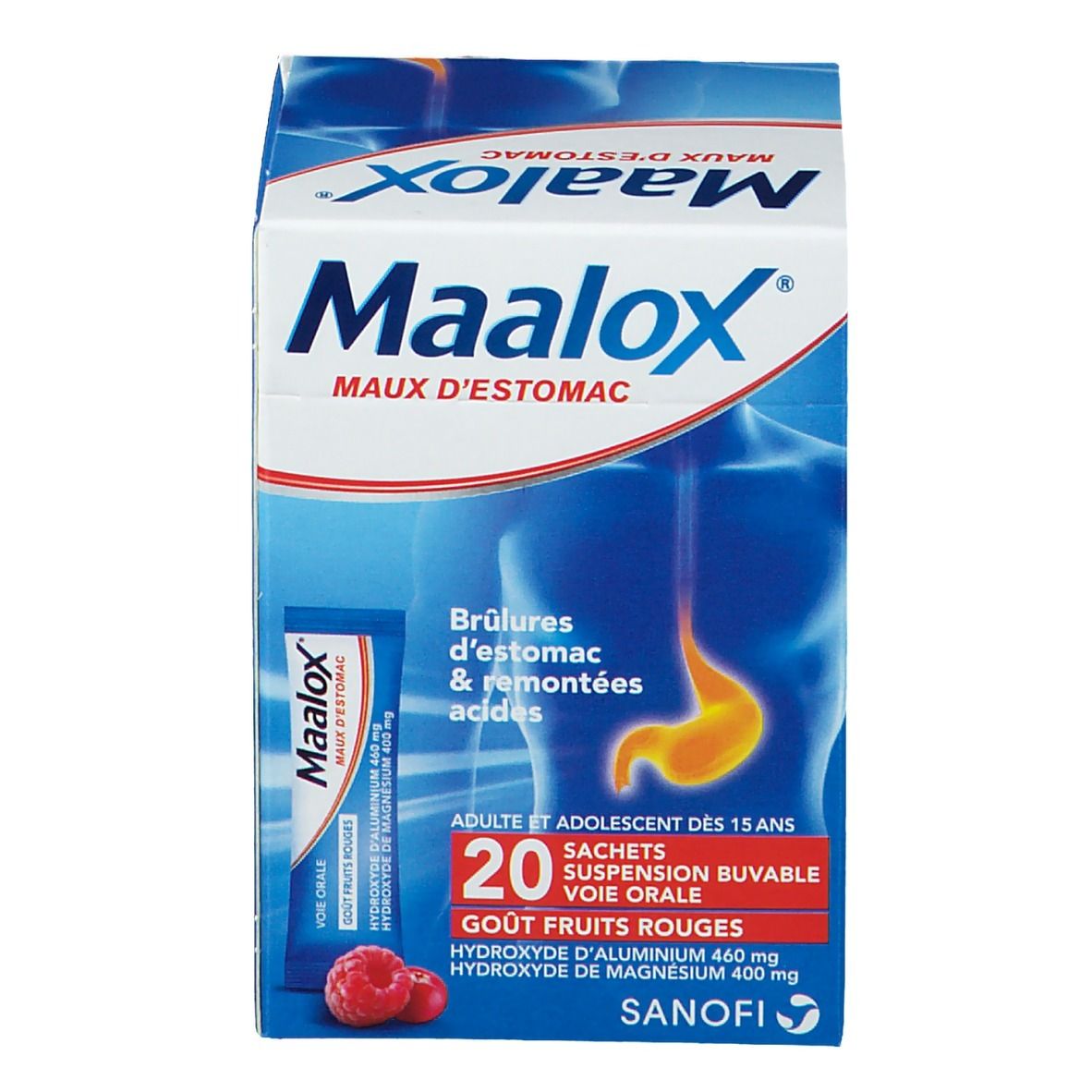 Boîte Maalox, bleue et blanche. Nom du produit et description. Contient 20 sachets, goût fruits rouges.