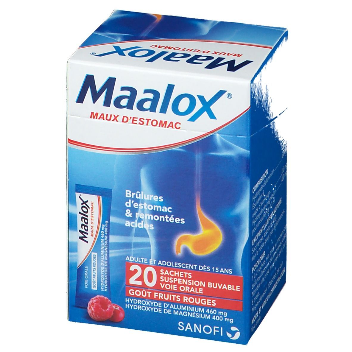 Boîte Maalox, bleue et blanche. Nom du produit et description. Contient 20 sachets, goût fruits rouges.